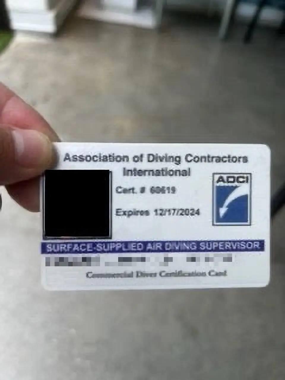 Authentic Association of Diving Contractors International (ADCI) certification card